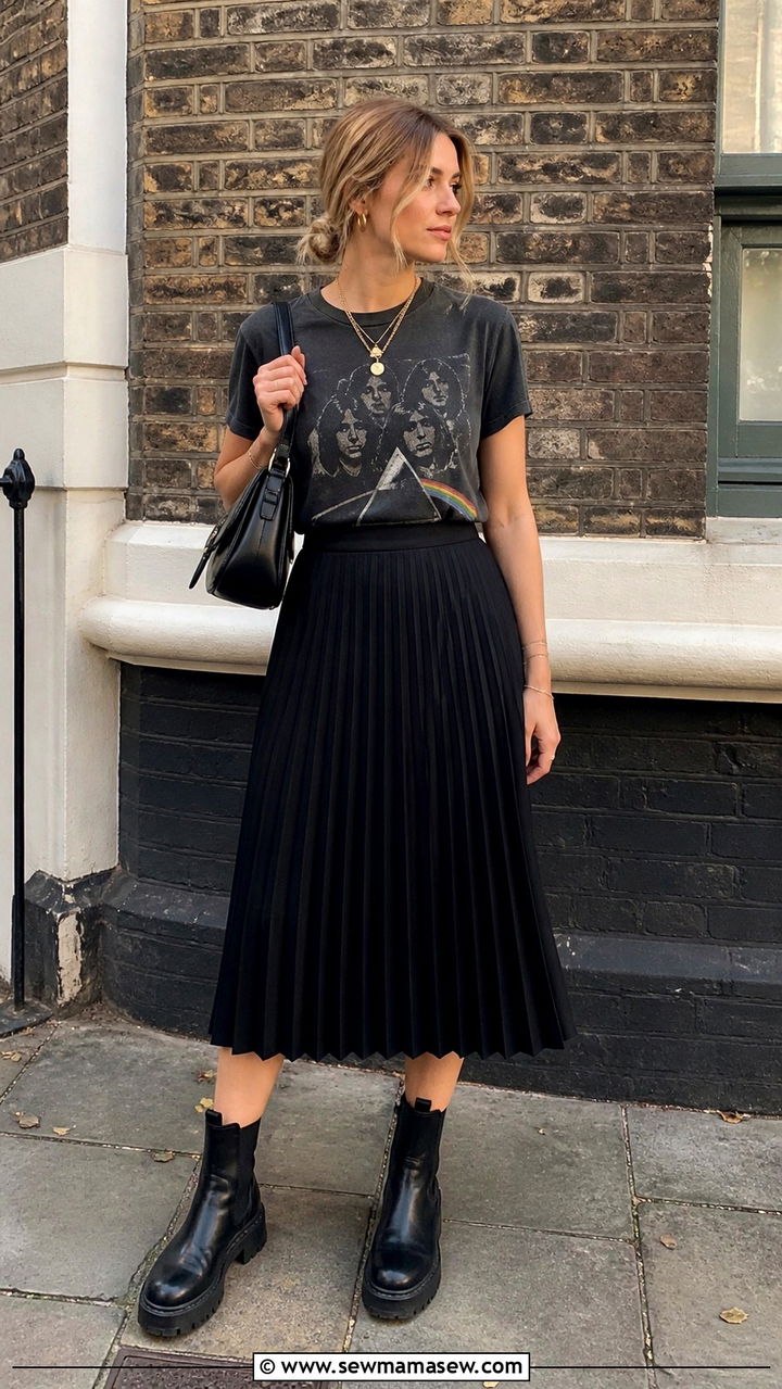 Graphic tee with pleated skirt and lug sole boots - 40 London outfit ideas