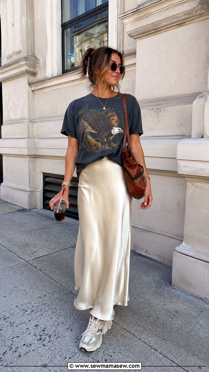 Graphic tee with satin maxi skirt - 30 Spring outfits with maxi skirts