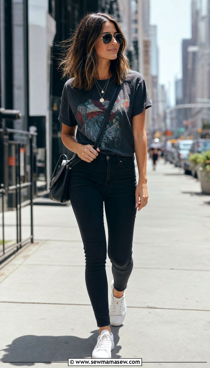 Graphic tee with skinny jeans and white sneakers - 25 Skinny jeans outfit ideas with white sneakers