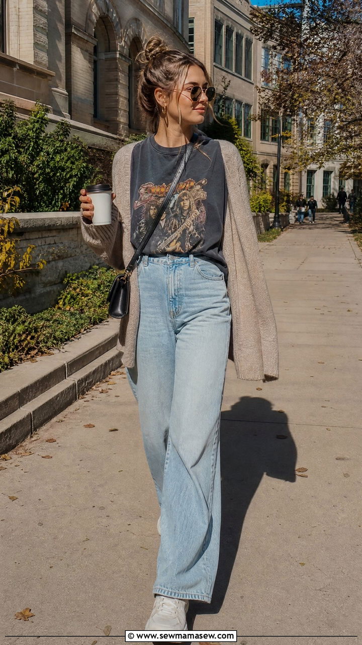 Graphic tee with wide leg jeans - 30 College study session outfit ideas