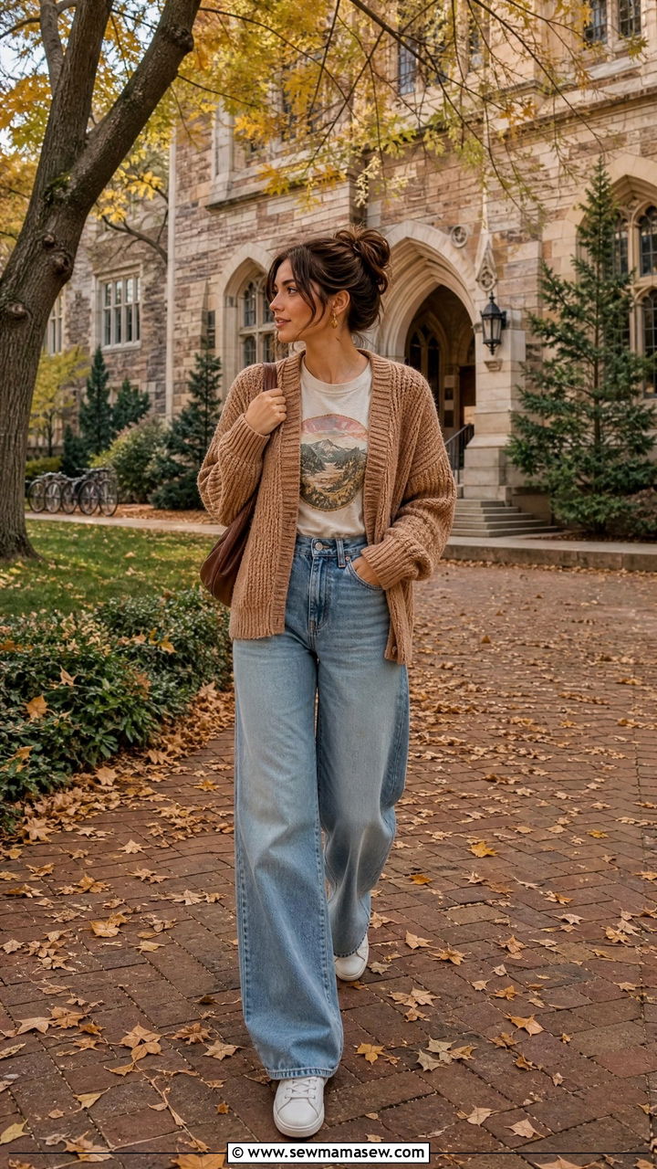 Graphic tee with wide leg jeans and an oversized cardigan - 30 College library outfit ideas