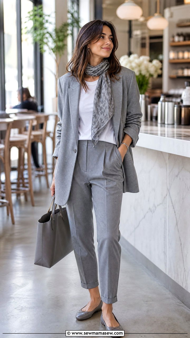 Gray Blazer White Tee and Tapered Trousers - 30 Monochromatic gray outfits