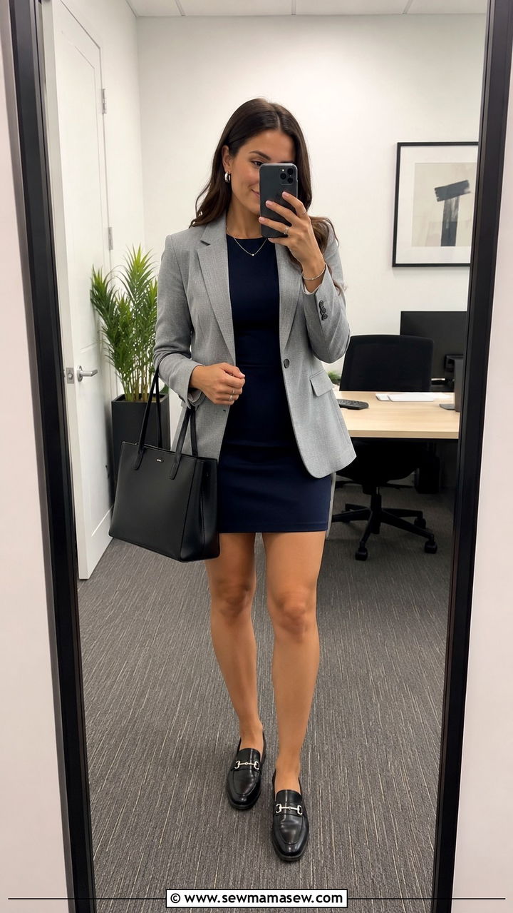 Gray Blazer With Navy Mini Dress and Loafers - 30 Mini dress outfit ideas with blazer