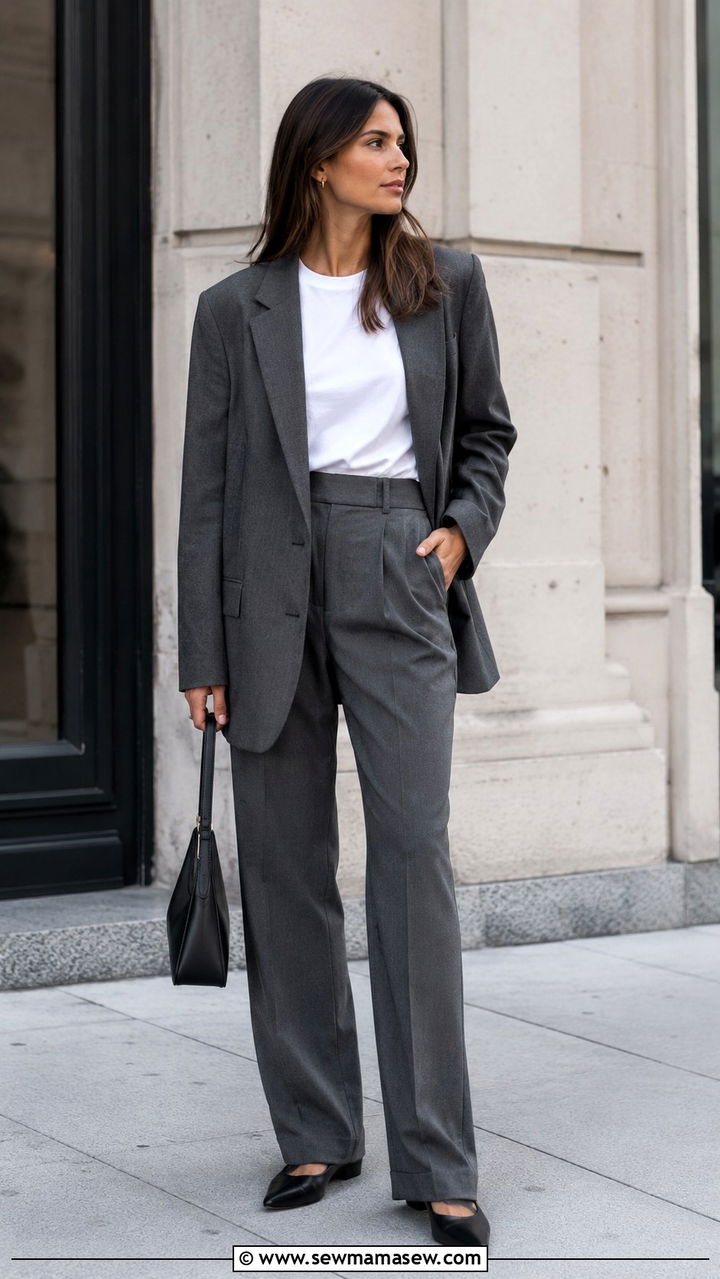 Gray Blazer With White Tee and Trousers - 30 Gray outfit ideas