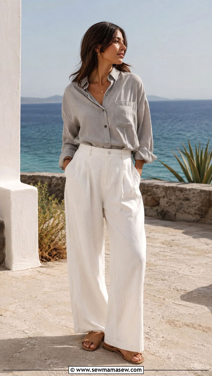 Gray Button Down Shirt and White Trousers - 30 Gray outfit ideas