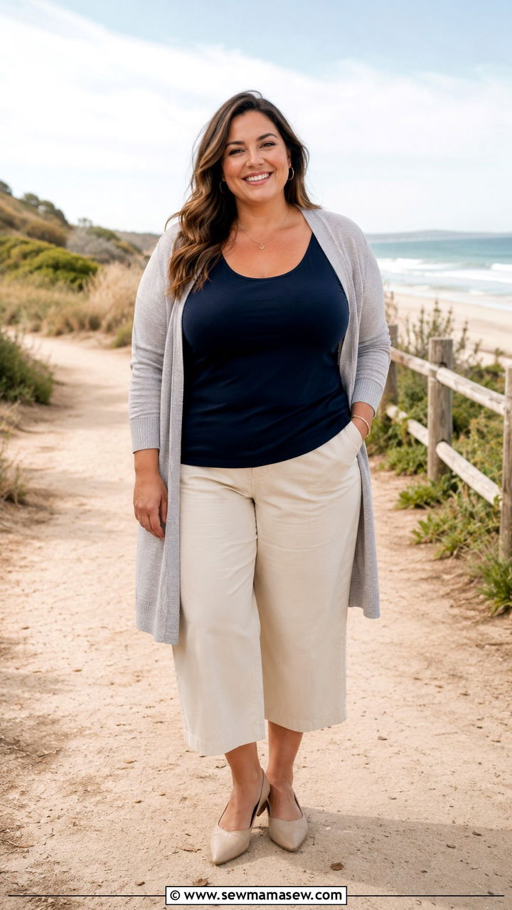 Gray Cardigan With Navy Tank And Cropped Pants - 30 Plus size outfit ideas for family photos