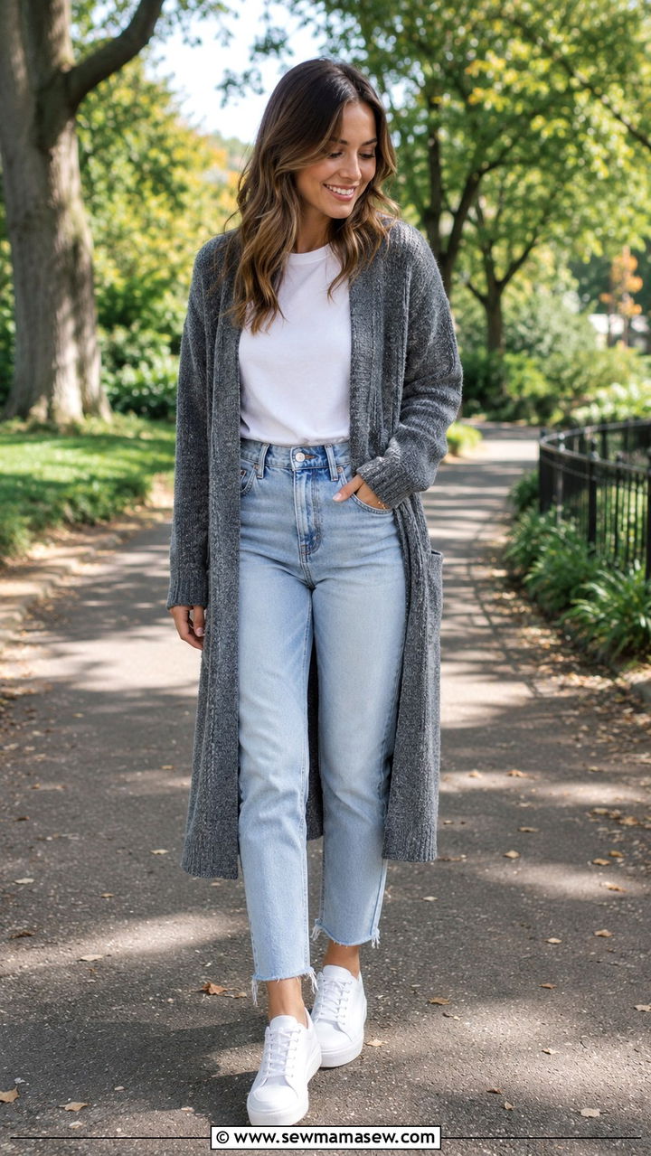 Gray Cardigan With White Tee and Jeans - 30 Gray outfit ideas