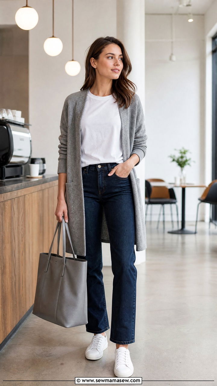 Gray Cardigan and Dark Jeans Business Casual Work Outfit - 35 Minimalist work outfit ideas