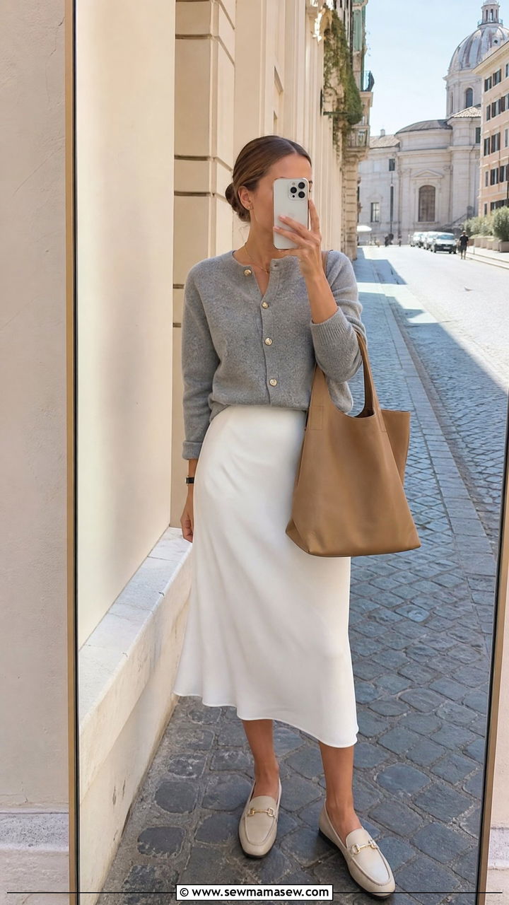Gray Cardigan and White Midi Skirt for Rome Mornings - 35 Italy vacation outfit ideas 2026