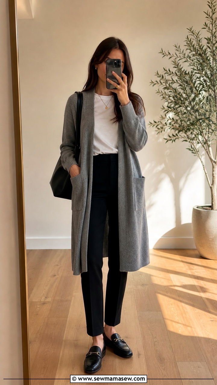 Gray Cardigan with Black Trousers and Loafers - 40 business casual outfits for women