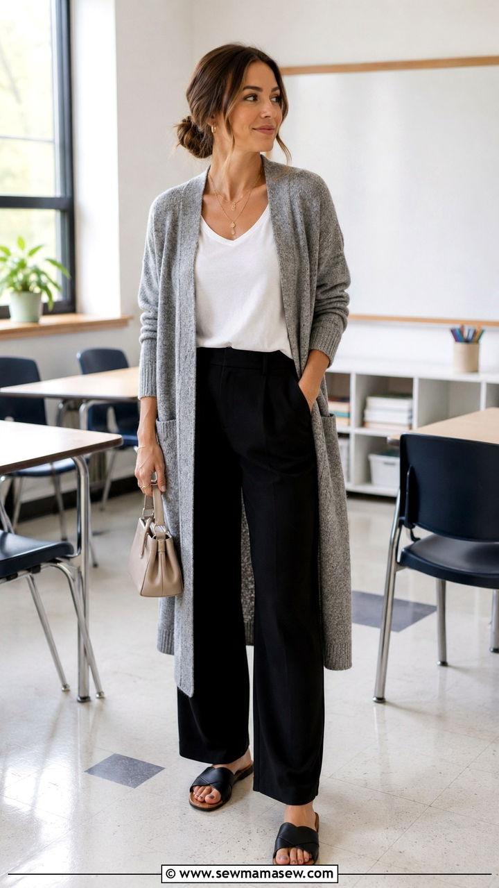 Gray Cardigan with Black Wide Leg Pants and Gold Jewelry - 30 Spring outfit ideas for teacher