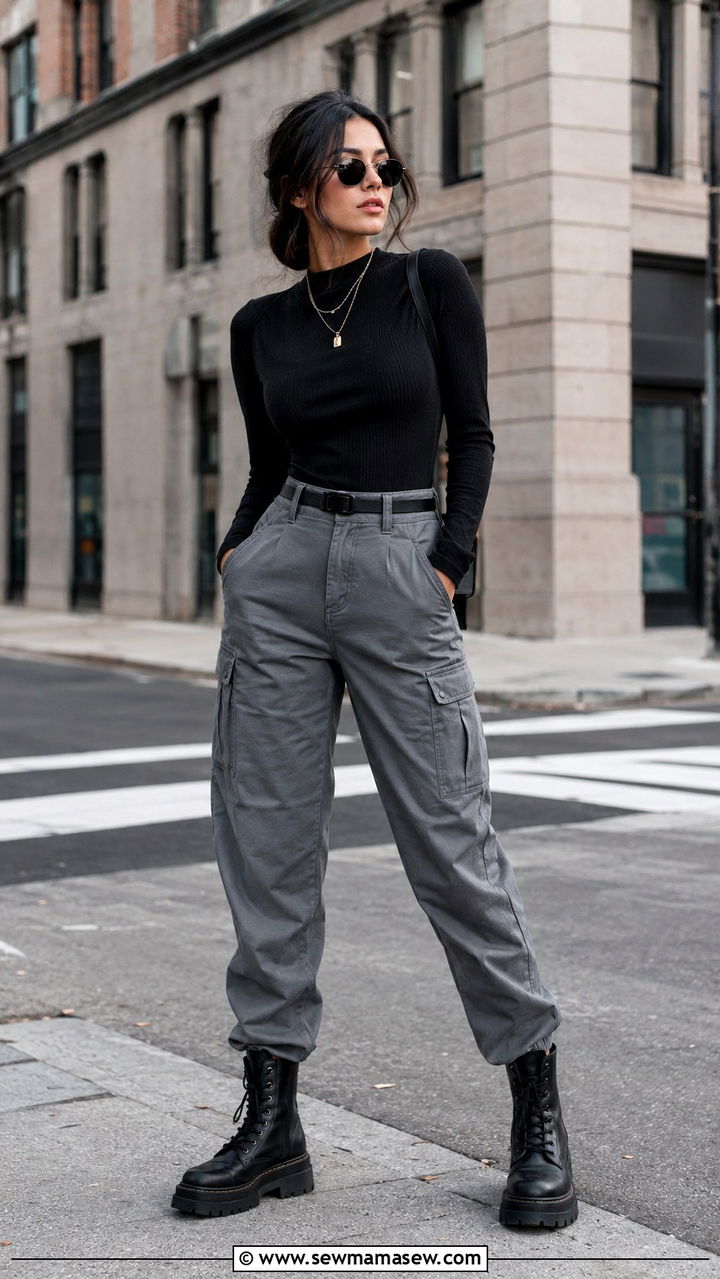 Gray Cargo Pants and Fitted Black Top - 30 Gray outfit ideas