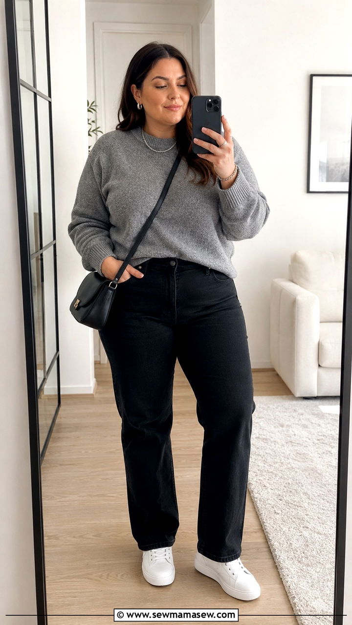 Gray Cashmere Crewneck and Black Jeans Look - 30 Old money outfit ideas plus size