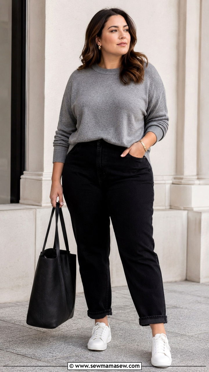 Gray Cashmere Crewneck and Black Jeans Outfit - 30 Old money outfits for curvy women