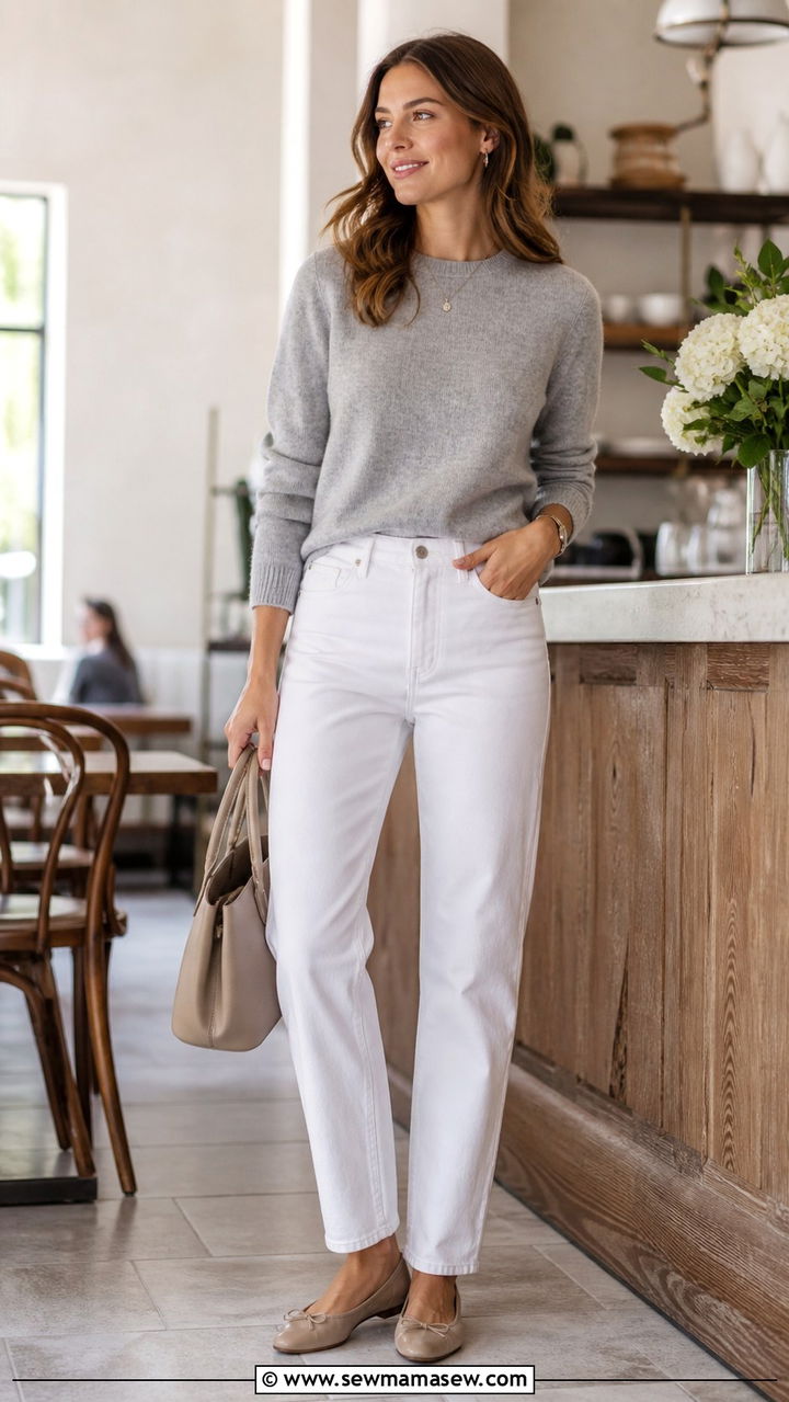 Gray Cashmere Crewneck with White Denim - 40 Neutral outfit ideas