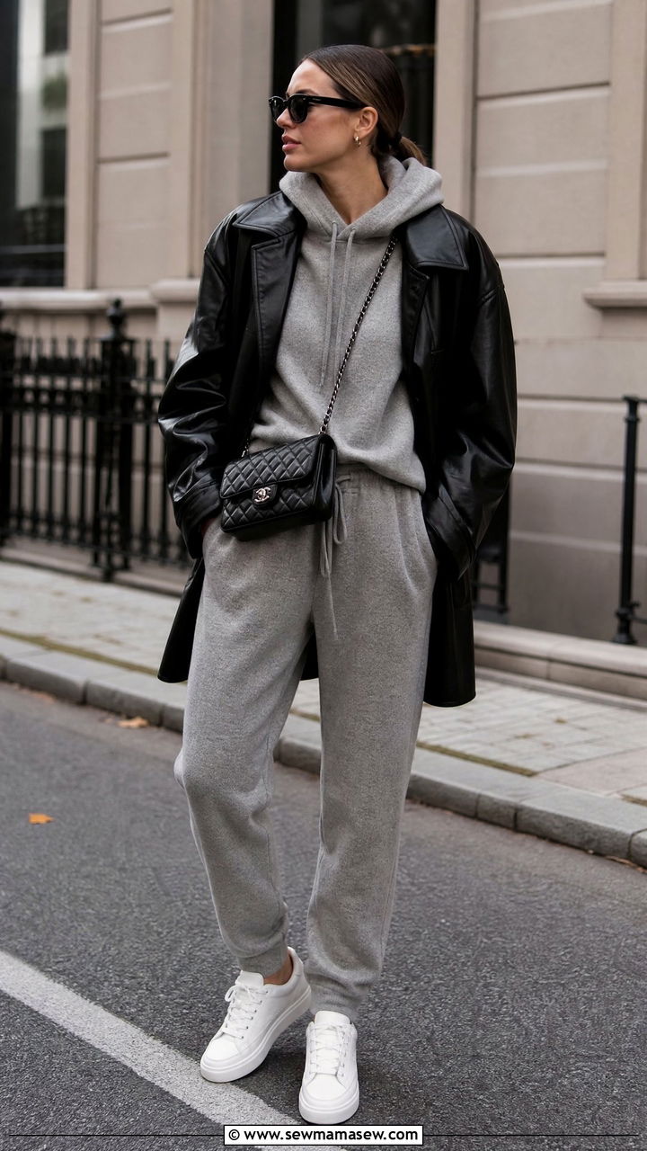 Gray Cashmere Hoodie and Jogger Set With a Black Leather Jacket - 25 Gray loungewear set outfit ideas
