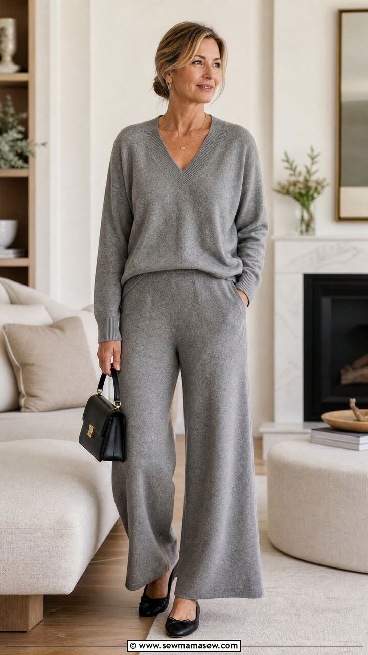 Gray Cashmere Knit Matching Set With Ballet Flats - 30 Matching set outfit ideas for women over 40