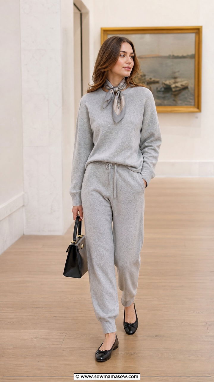 Gray Cashmere Lounge Set With Ballet Flats and a Silk Scarf - 25 Gray loungewear set outfit ideas