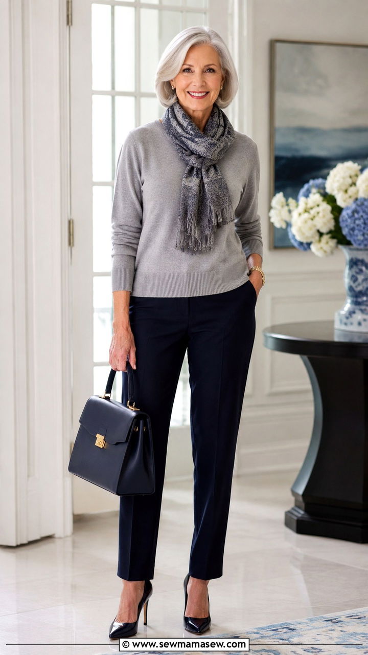 Gray Cashmere Sweater With Navy Tailored Trousers - 30 Classy outfits for women over 60