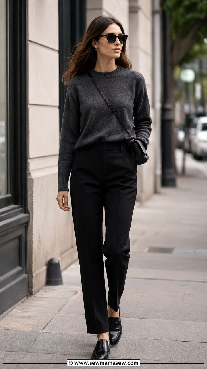 Gray Cashmere Sweater and Black Tailored Trousers - 30 minimalist outfit ideas for women