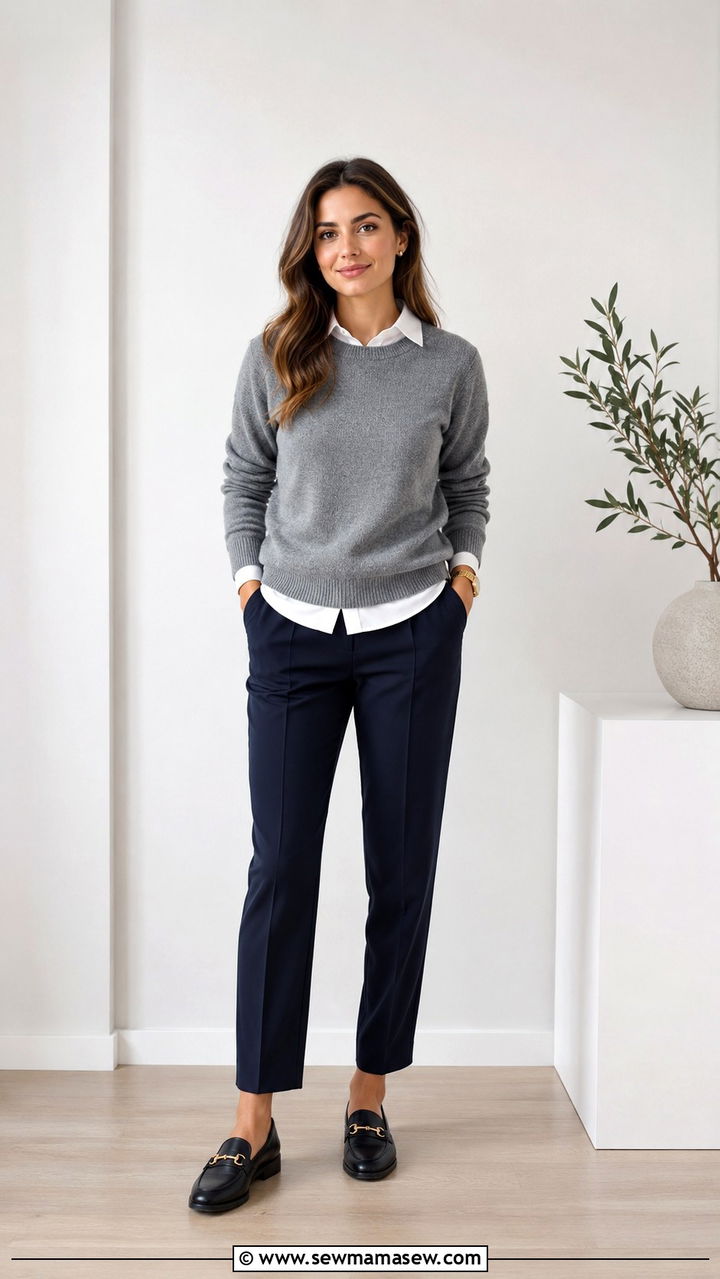 Gray Cashmere Sweater over White Collared Shirt - 30 LinkedIn photo outfit ideas