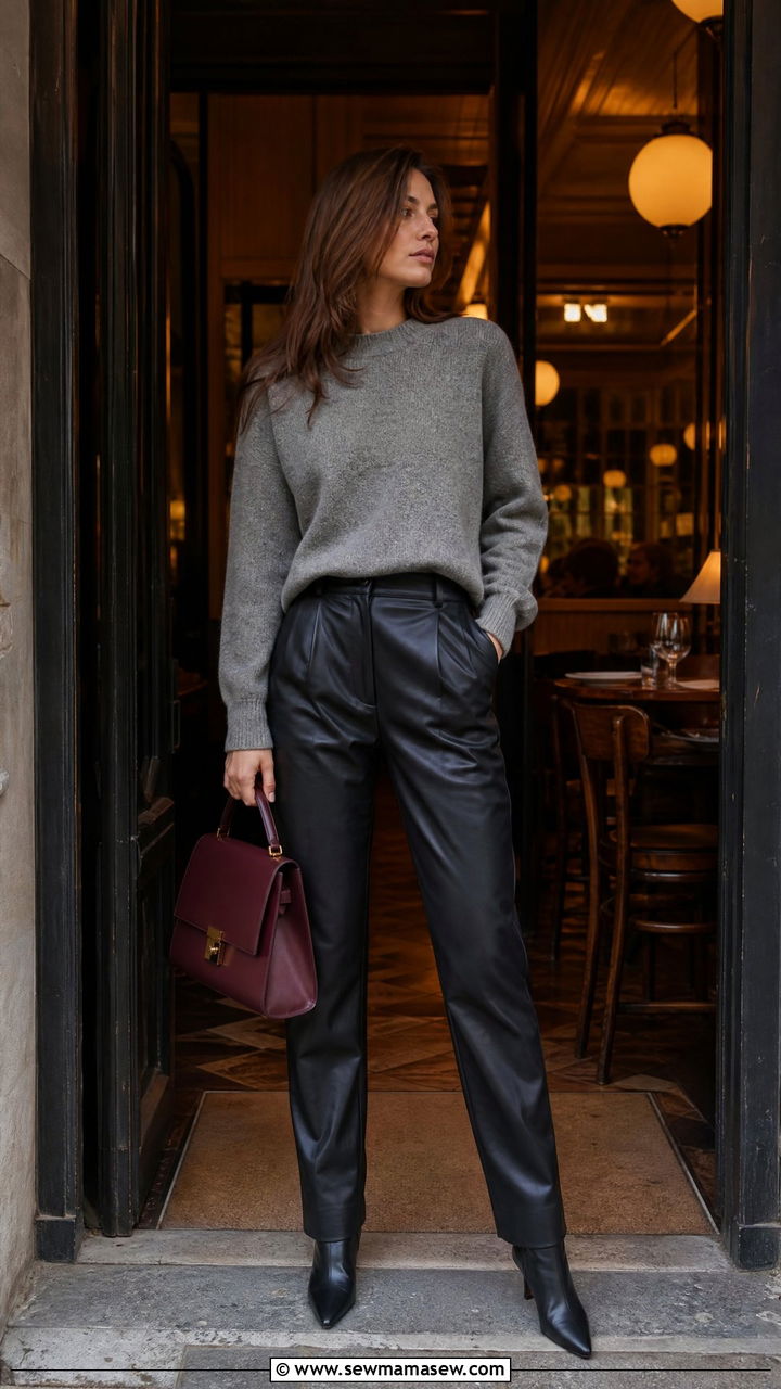 Gray Cashmere Sweater with Leather Trousers and Pointed Toe Boots - 25 Brussels outfit ideas
