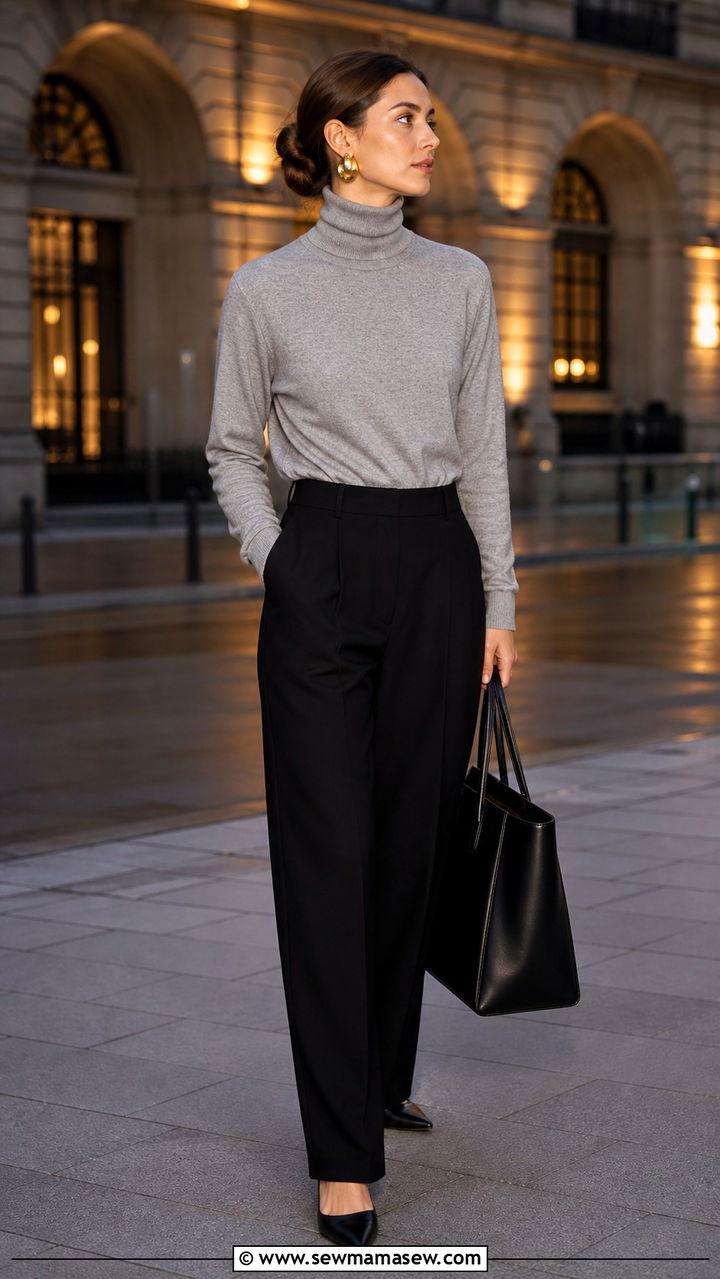 Gray Cashmere Turtleneck With Black Trousers And Pointed Flats - 40 old money outfits
