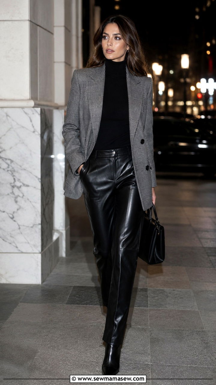Gray Checked Blazer With Black Turtleneck And Leather Trousers - 25 Old money outfit ideas with blazer