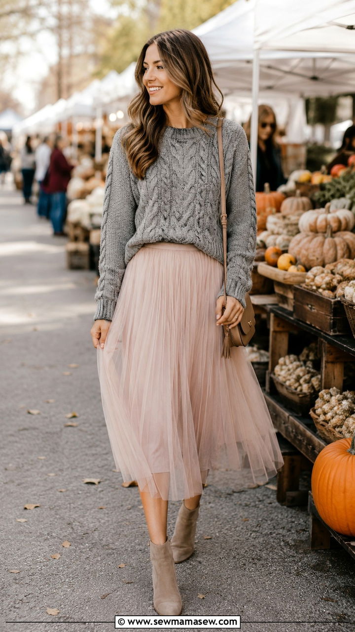 Gray Chunky Cable Knit Sweater With Blush Tulle Midi Skirt - 20 Tulle skirt outfit ideas with a sweater