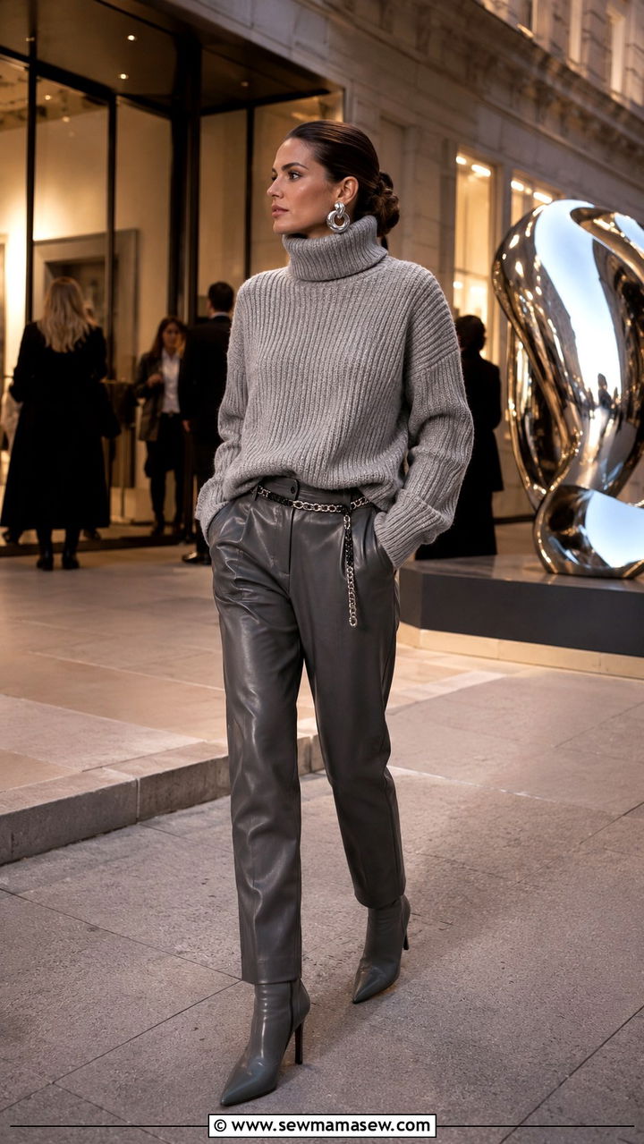 Gray Chunky Turtleneck and Leather Trousers - 30 Monochromatic gray outfits