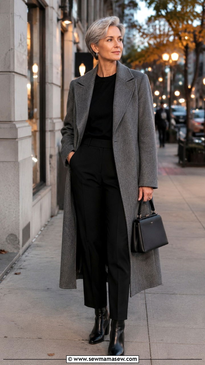 Gray Coat Over All Black Outfit - 30 Minimalist outfit ideas for women over 50