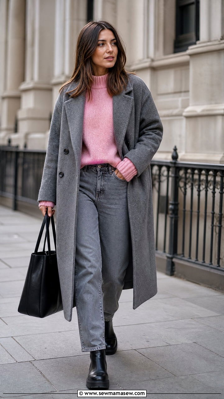 Gray Coat Over a Pink Sweater and Jeans - 25 Gray and pink outfit ideas