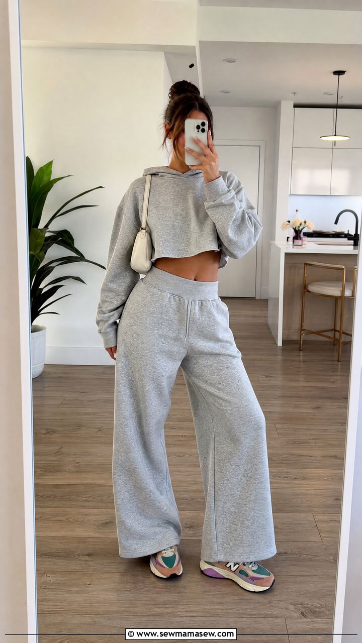 Gray Cropped Hoodie and Wide Leg Sweatpant Set With Retro Sneakers - 25 Gray loungewear set outfit ideas