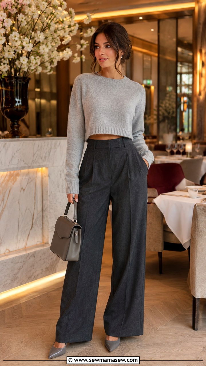 Gray Cropped Sweater and High Waist Trousers - 30 Monochromatic gray outfits