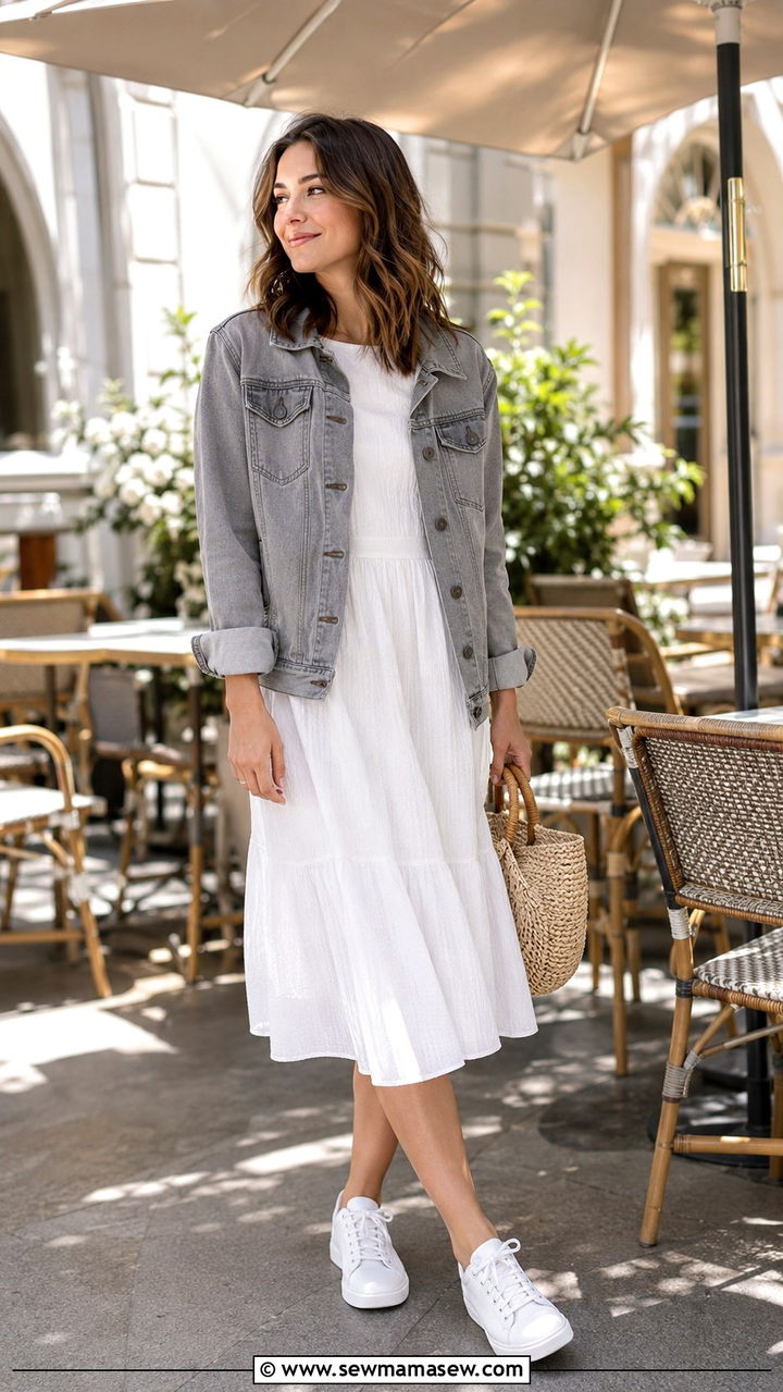 Gray Denim Jacket and White Dress Outfit - 30 Gray outfit ideas