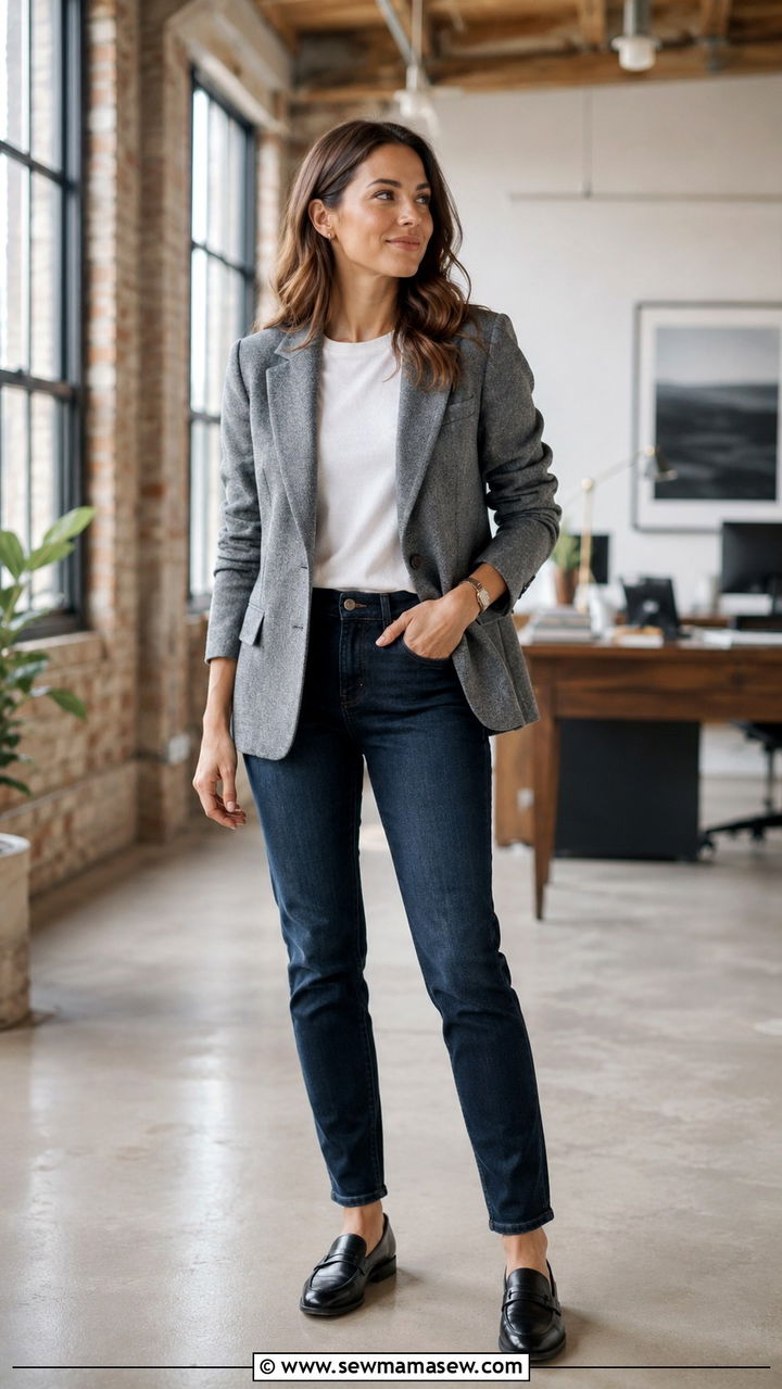 Gray Flannel Blazer With White Tee And Dark Wash Jeans - 25 Virtual interview outfit ideas