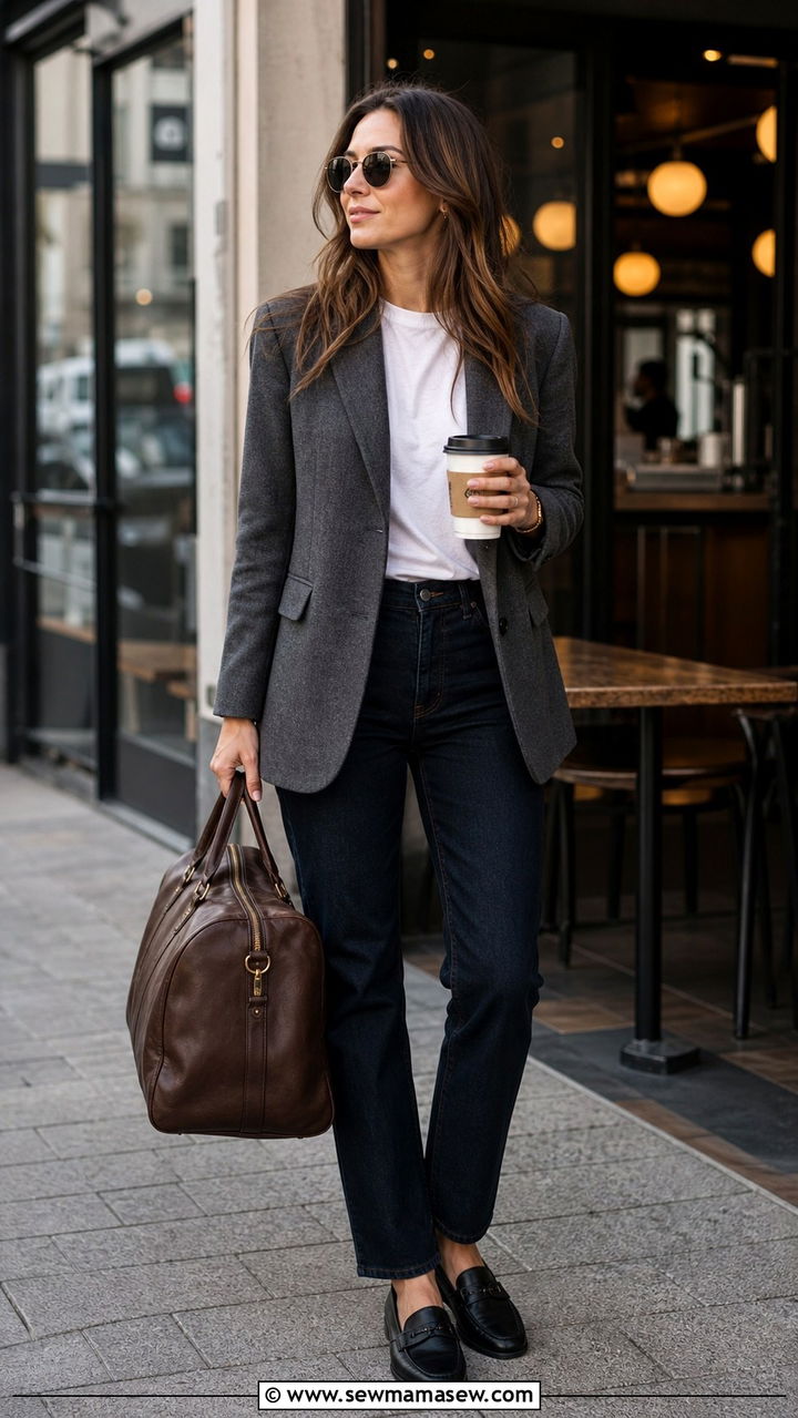 Gray Flannel Blazer With White Tee and Dark Denim - 40 old money outfit ideas for women