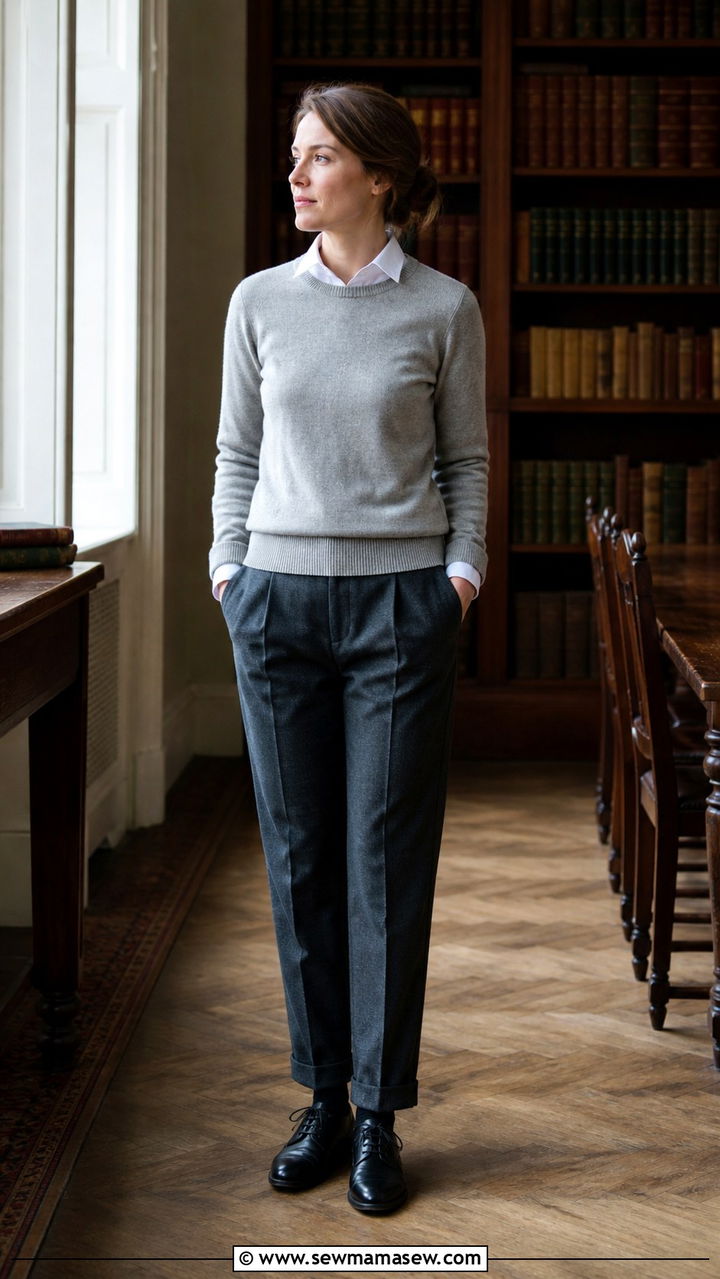 Gray Flannel Pants with Cashmere Crewneck and Oxford Shoes - 40 old money outfits ideas