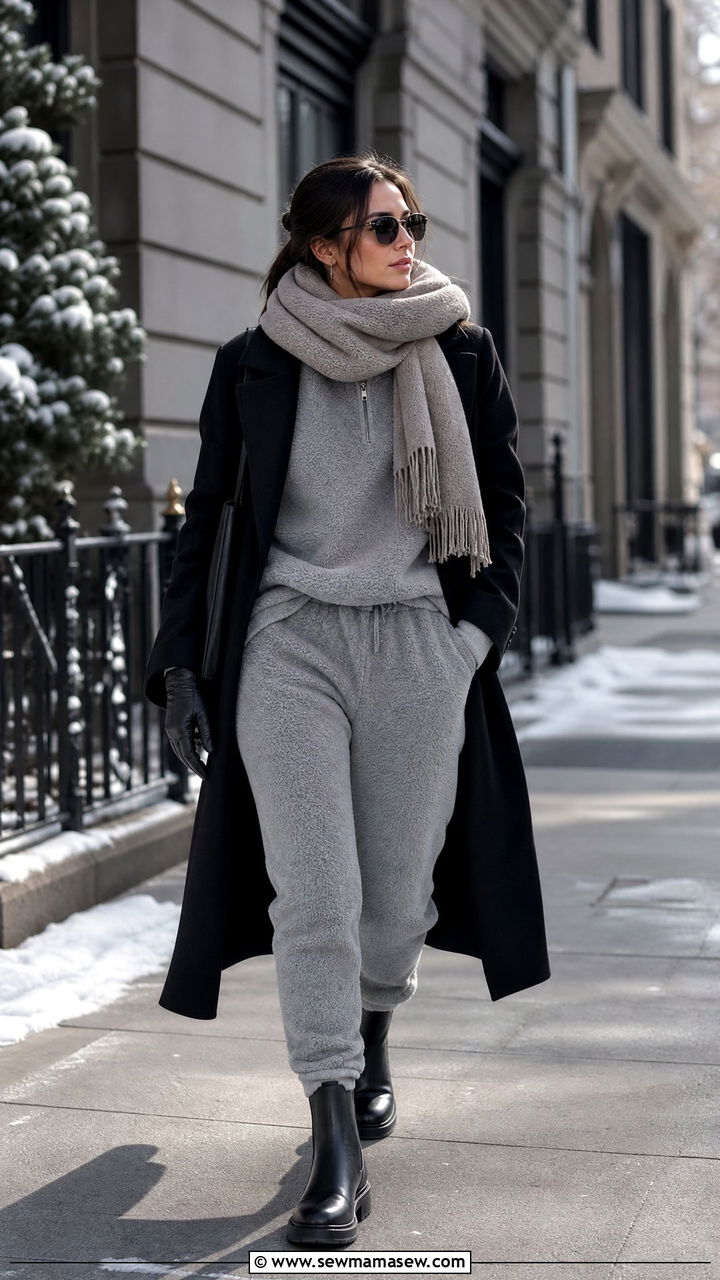 Gray Fleece Lounge Set With a Long Wool Coat - 25 Gray loungewear set outfit ideas