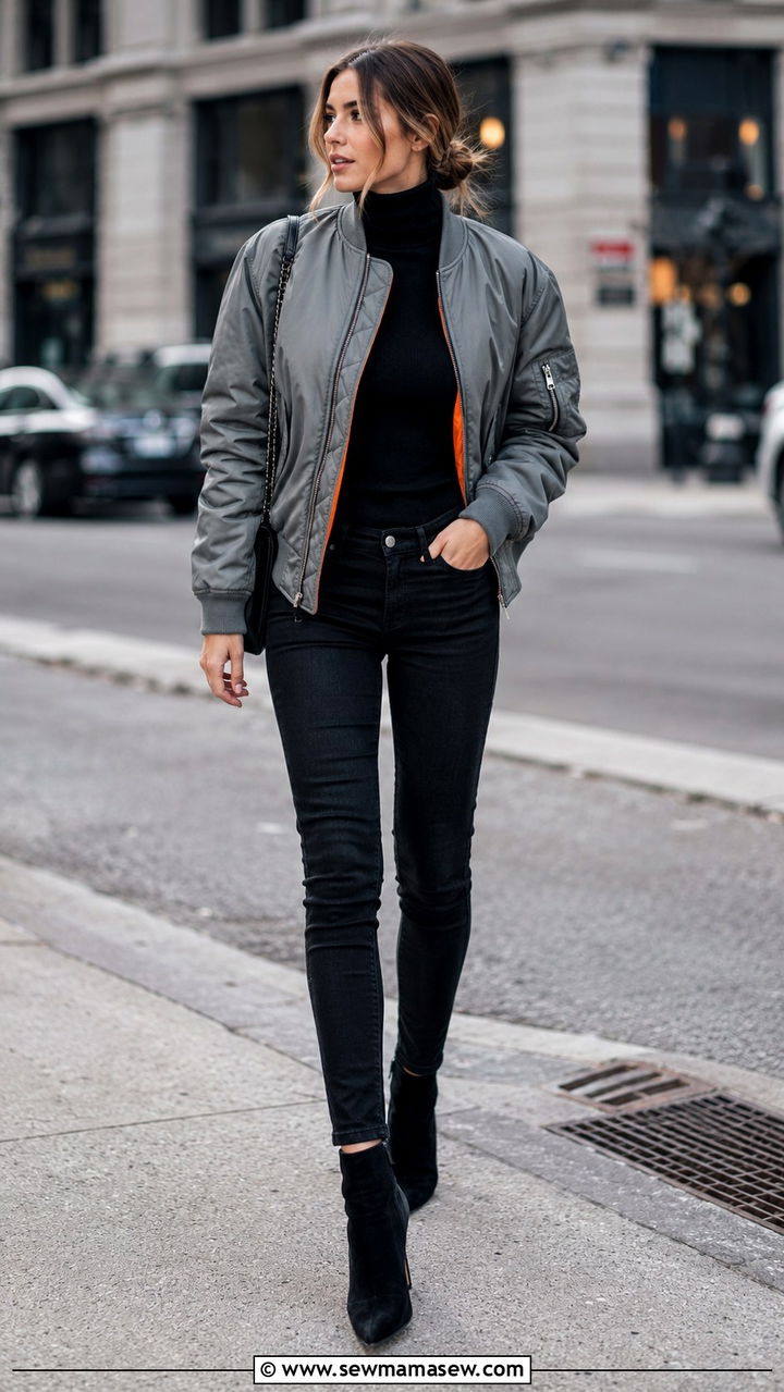 Gray Flight Jacket With Black Skinny Jeans and Heeled Boots - 25 Pilot outfit ideas