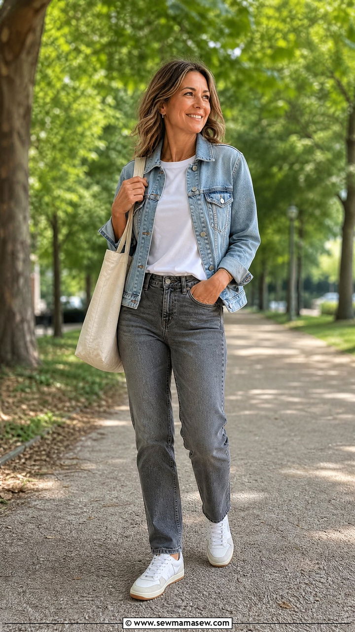 Gray Jeans With White Sneakers And Denim Jacket - 35 jeans outfits for women over 40