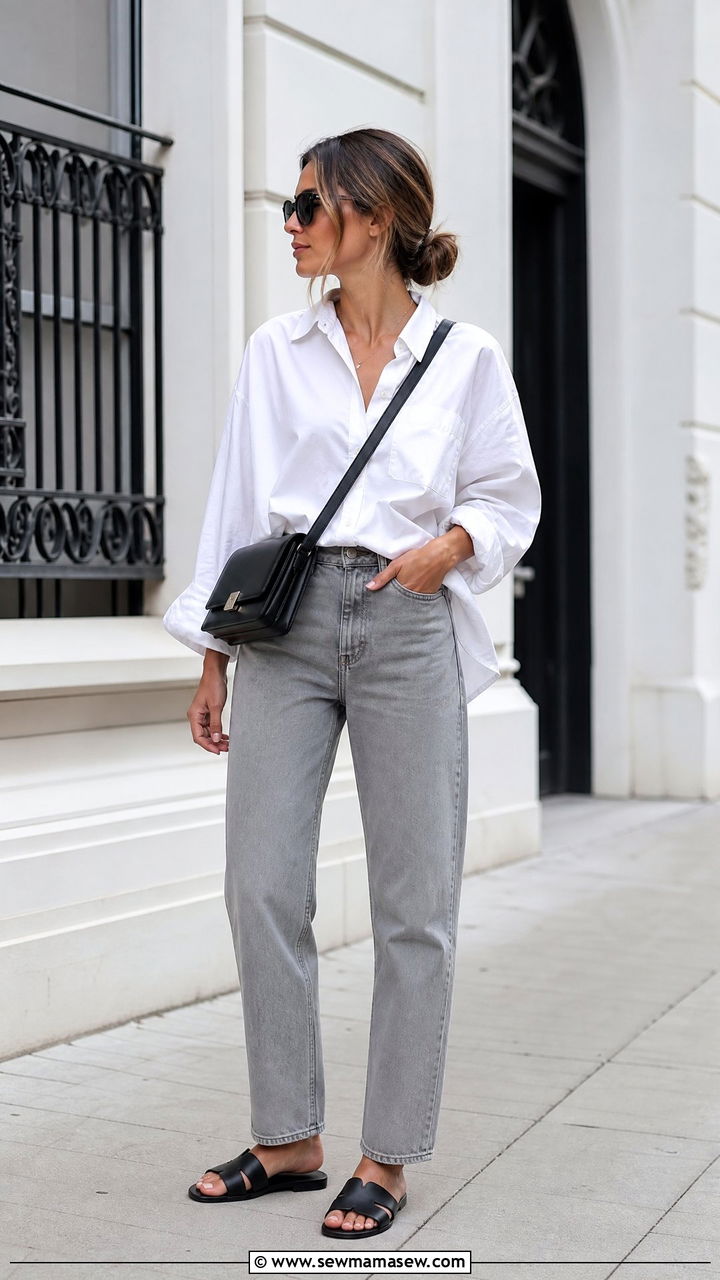 Gray Jeans With a White Button Down Shirt - 30 summer gray outfit ideas
