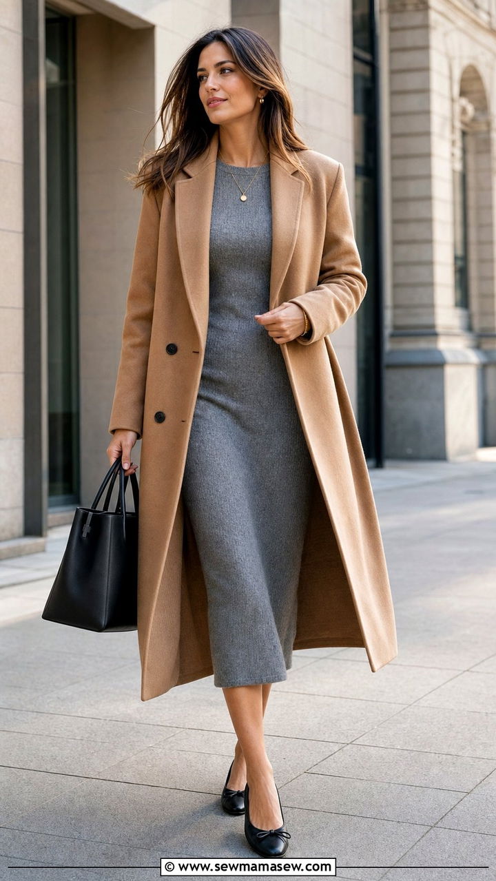 Gray Knit Dress with Long Coat and Ballet Flats - 25 Clean girl outfit ideas for work