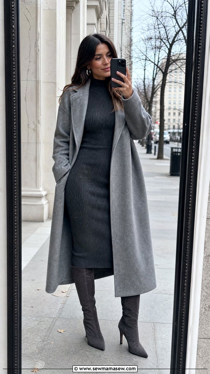 Gray Knit Midi Dress With Knee High Boots - 30 Monochromatic gray outfits