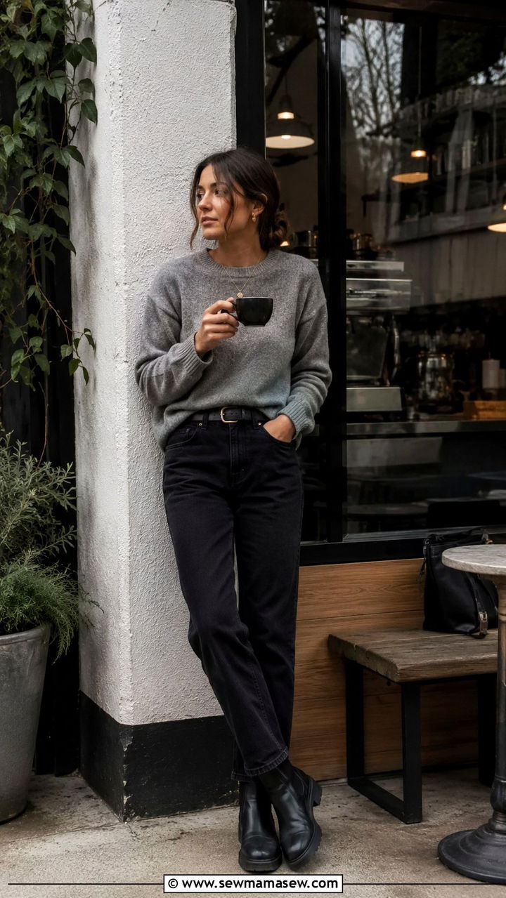 Gray Knit Pullover with Black Jeans and Chelsea Boots - 30 Spring outfit ideas for barista