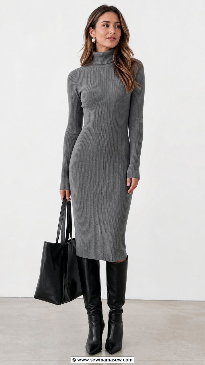 Gray Knit Sweater Dress and Knee High Boots Work Outfit - 35 Minimalist work outfit ideas
