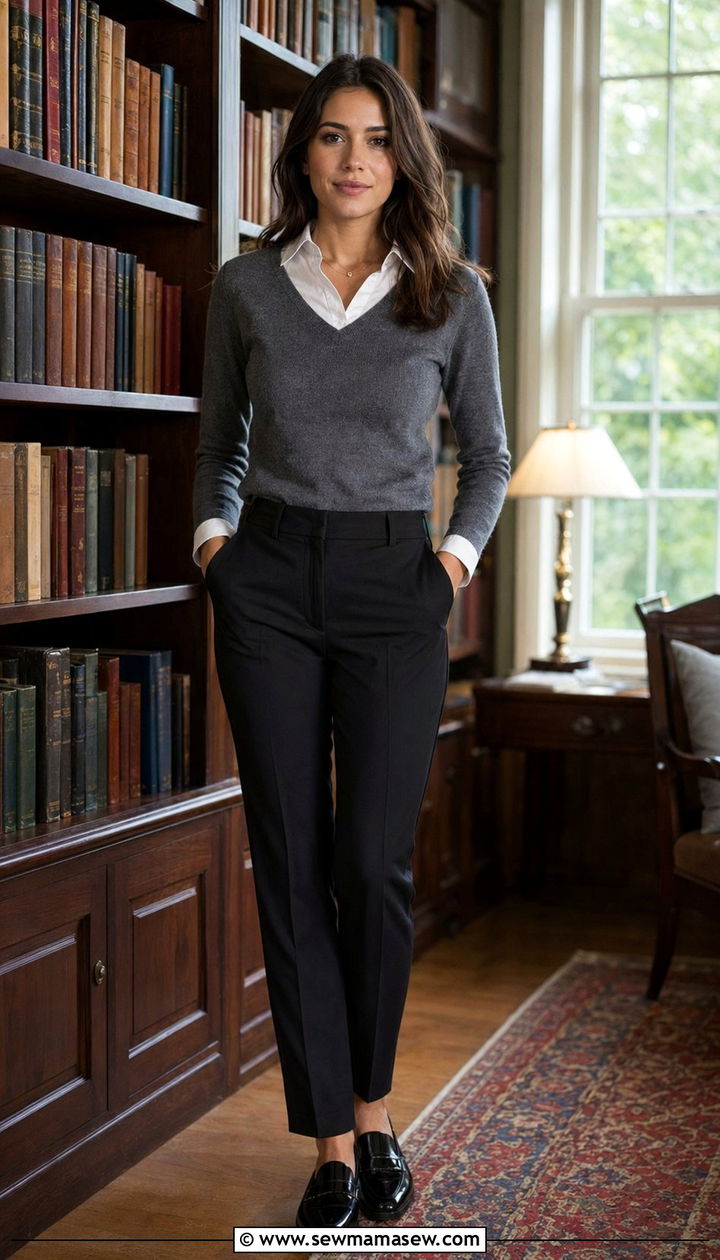 Gray Knit Sweater Over White Collared Shirt Outfit - 30 Zoom interview outfit ideas