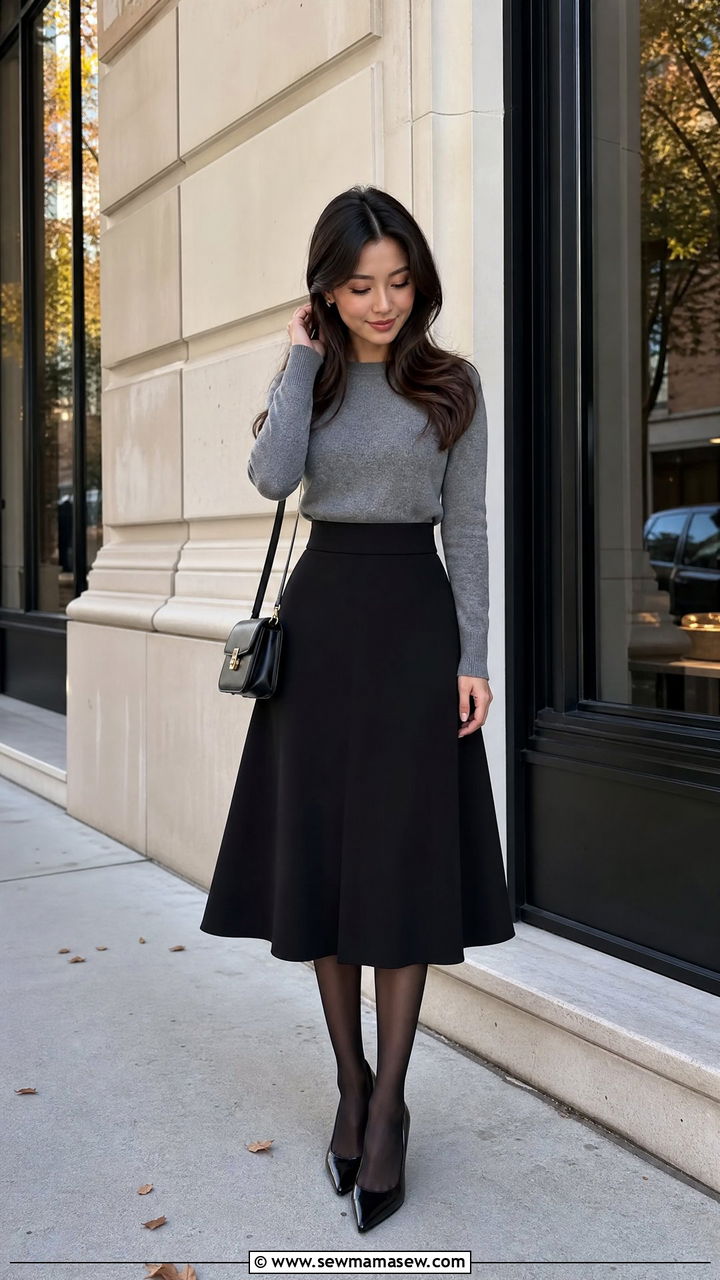 Gray Knit Top and Black Midi Skirt Outfit - 25 Quiet luxury outfit ideas petite