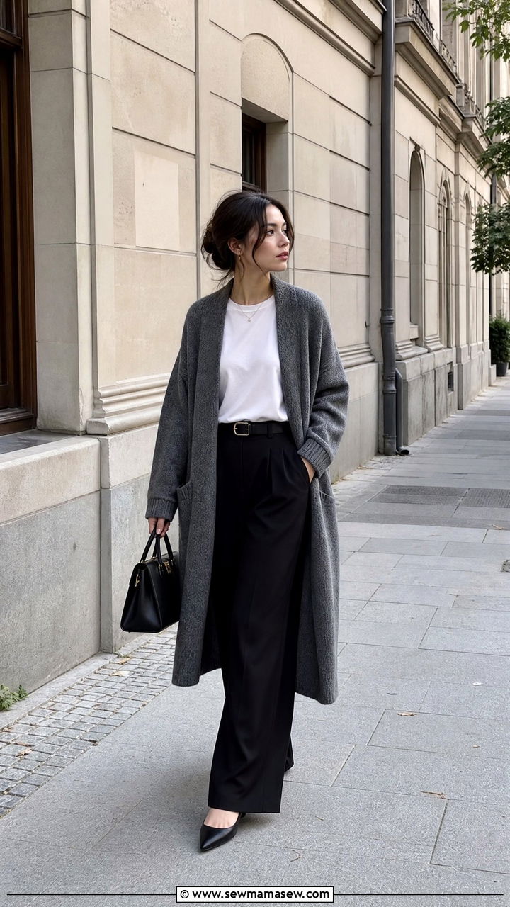 Gray Long Cardigan With Pleated Trousers Outfit - 30 Dark academia spring outfits