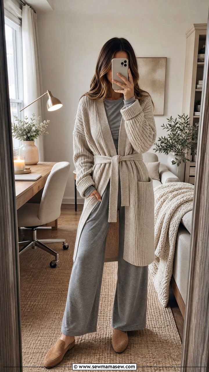 Gray Long Sleeve Tee and Wide Leg Pant Set With a Belted Cardigan - 25 Gray loungewear set outfit ideas